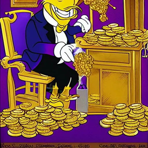 Prompt: scrooge sitting in a pile of gold coins and drinking champagne,in disney style, by don rosa