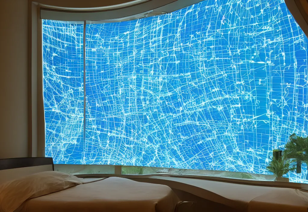 Image similar to curved translucent windows projecting florida holographic weathermap, pixel perfect photograph, thin glowing lights, bedroom, visor, users, pair of keycards on table