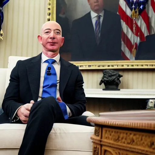 Image similar to jeff bezos as the president of the united states in the oval office