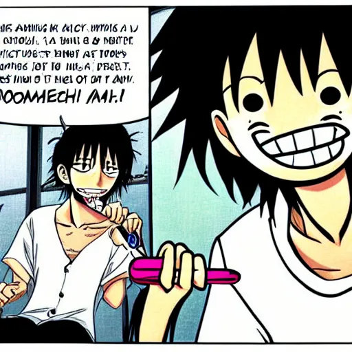 Prompt: a person with a toothbrush in their mouth, a comic book panel by Eiichiro Oda, trending on pixiv, les nabis, booru, anime, official art