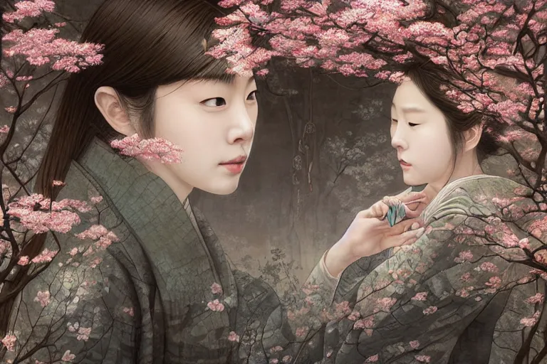 Image similar to Lee Jin-Eun by Andrew Ferez, rule of thirds, seductive look, beautiful, in Kyoto Gion with sakura trees