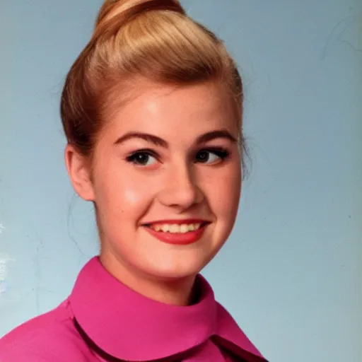 Image similar to a yearbook photo of Betty Cooper in 1966, she has a ponytail and bangs