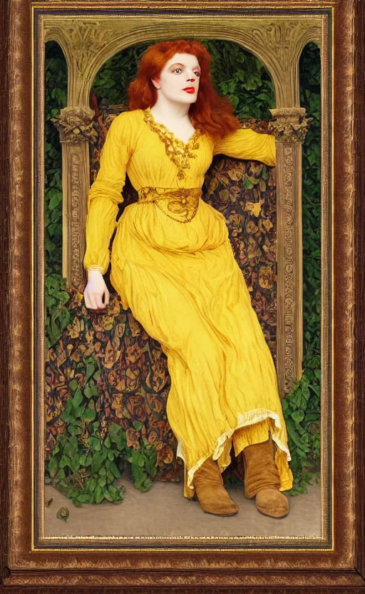 Image similar to preraphaelite full body portrait photography masterpiece hybrid of judy garland and florence welch, reclining, brown hair fringe, yellow ochre ornate medieval dress, kilian eng and william holman hunt, frederic leighton, ford madox brown, william morris, framed, 4 k