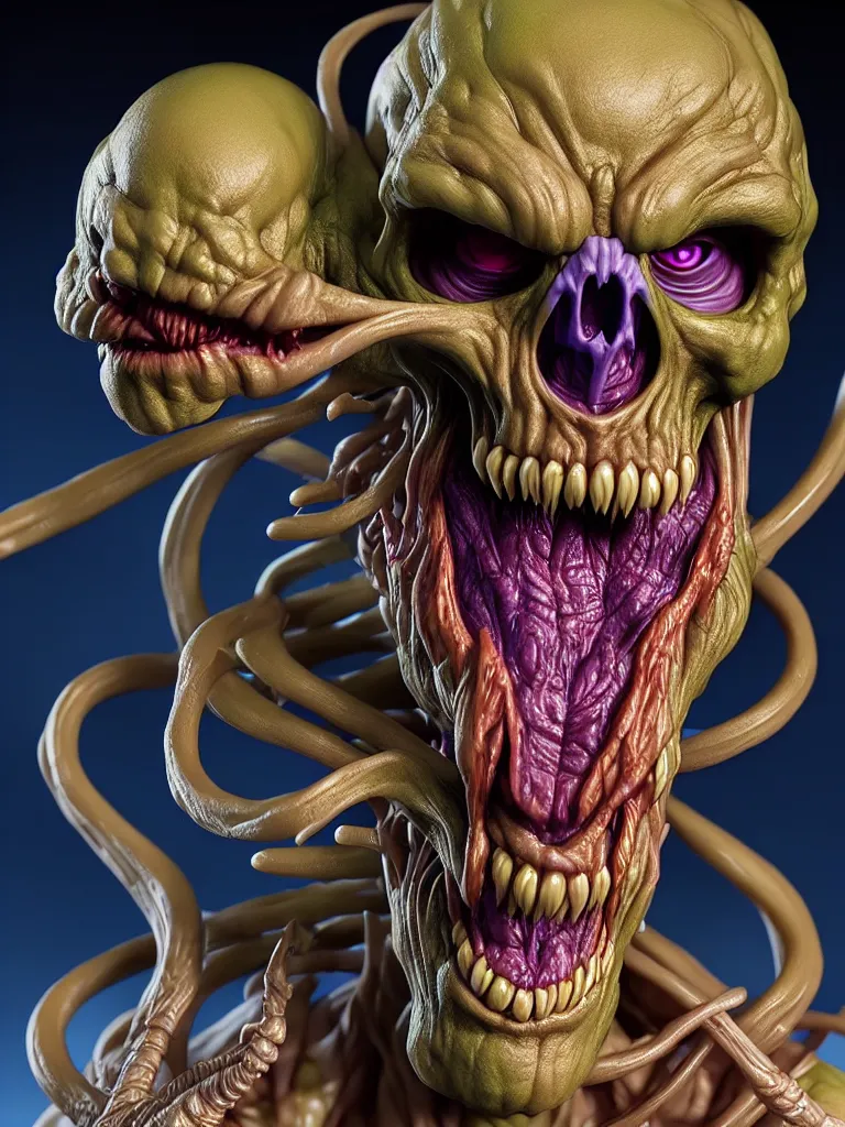 Prompt: hyperrealistic rendering, skeletor face by bernie wrightson and killian eng and joe fenton, product photography, action figure, sofubi, studio lighting, colored gels