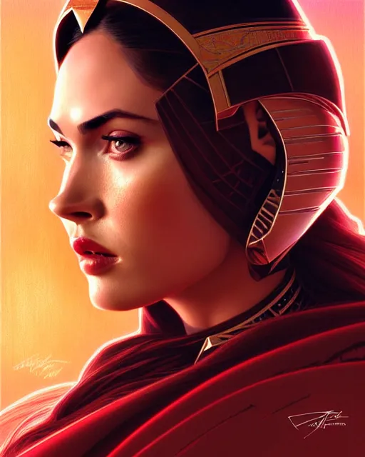 Image similar to portrait of megan fox as princess amidala, star wars, jedi, intricate, headshot, highly detailed, digital painting, artstation, concept art, sharp focus, cinematic lighting, illustration, art by artgerm and greg rutkowski, alphonse mucha, cgsociety