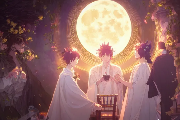 Image similar to a dreamlike portrait of wedding close up moment of a divine a japan sun god and moon goddess lovers magician at a wedding banquet. highly detailed, digital painting, fantasy wedding screen, 8 k realistic, hyper detailed, by makoto shinkai and akihiko yoshida and hidari and wlop