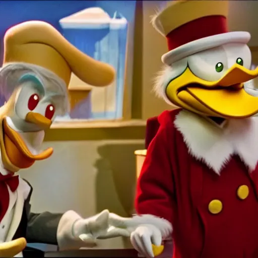 Image similar to hyperrealistic cgi Scrooge McDuck from Ducktales live-action movie still 8k hdr amazing lighting