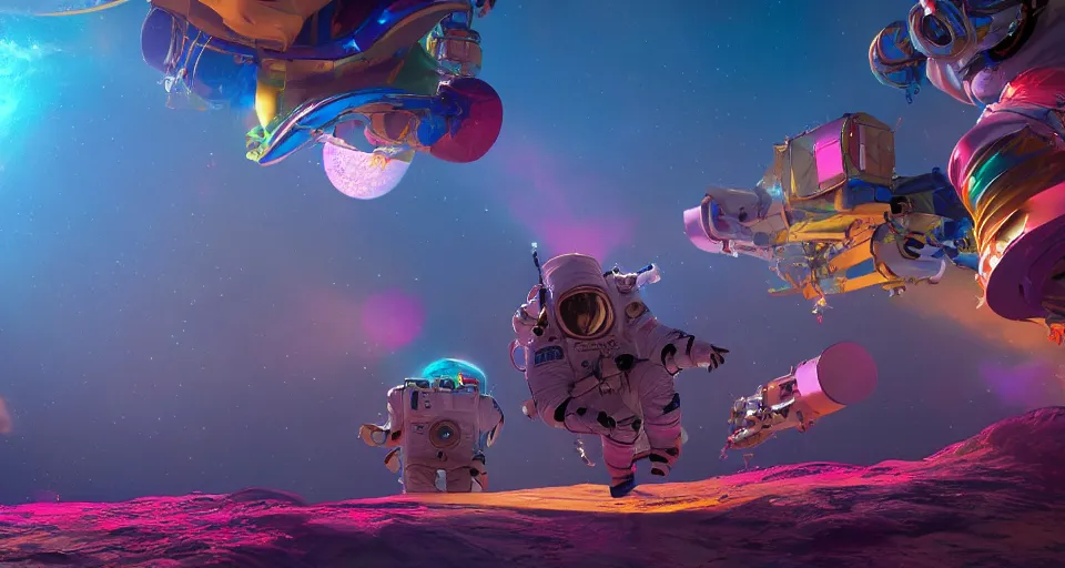 Image similar to 2 astronauts in a colorful fantasy land, stunning photo, cinematic lighting, perfect, 8K, ultra-detailed , Trending on artstation, Octane render, Digital Art, highly detailed,