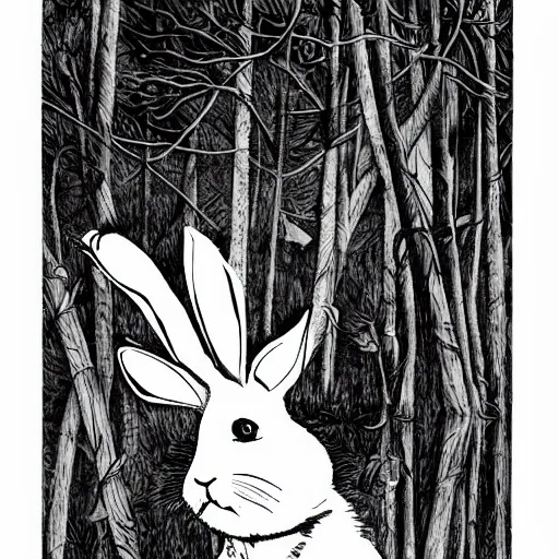 Image similar to a rabbit smoking a cigarette deep in the forest, striking pose, black and white illustration, creative design by junji ito