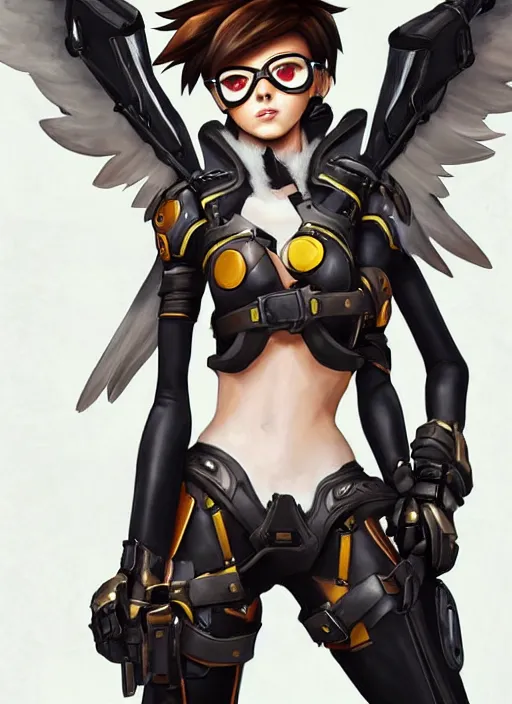 Image similar to full body artwork of tracer overwatch wearing leather collar, angel wings, dramatic painting, symmetrical composition, wearing detailed leather collar, black shiny armor, chains, black harness, detailed face and eyes,