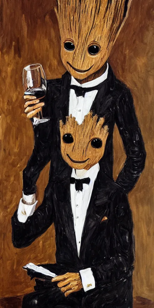 Image similar to portrait painting of the groot as a gentleman wearing tuxedo drinking wine, masterpiece, artwork