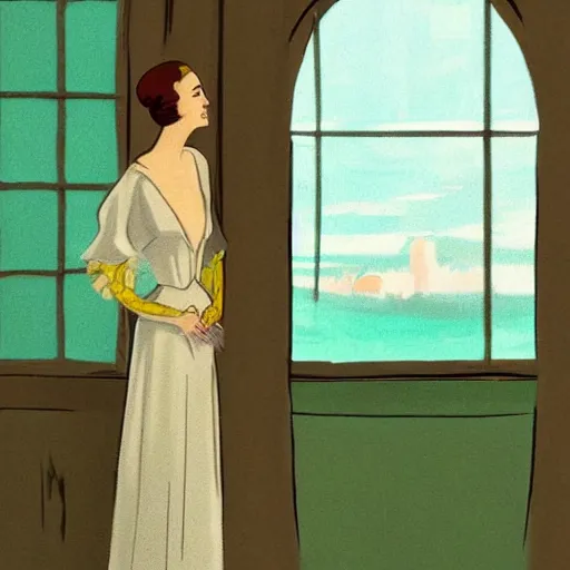 Prompt: a woman in an open dress royal dress looking out a castle window, ArtStation trending, detailed, digital art, calm colors, 1930s Childrens book