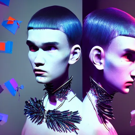 Prompt: a masterpiece of vitalik buterin in the style of grimes as a model walking on fashion runway, sharp, intricate detail, volumetric lighting, ray tracing, artstation, vibrant colors, octane rendering, cinema 4 d, beeble