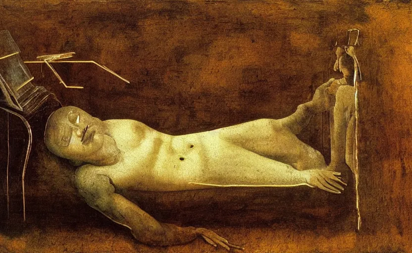 Image similar to a painting of the persistence of memory, painted by leonardo da vinci