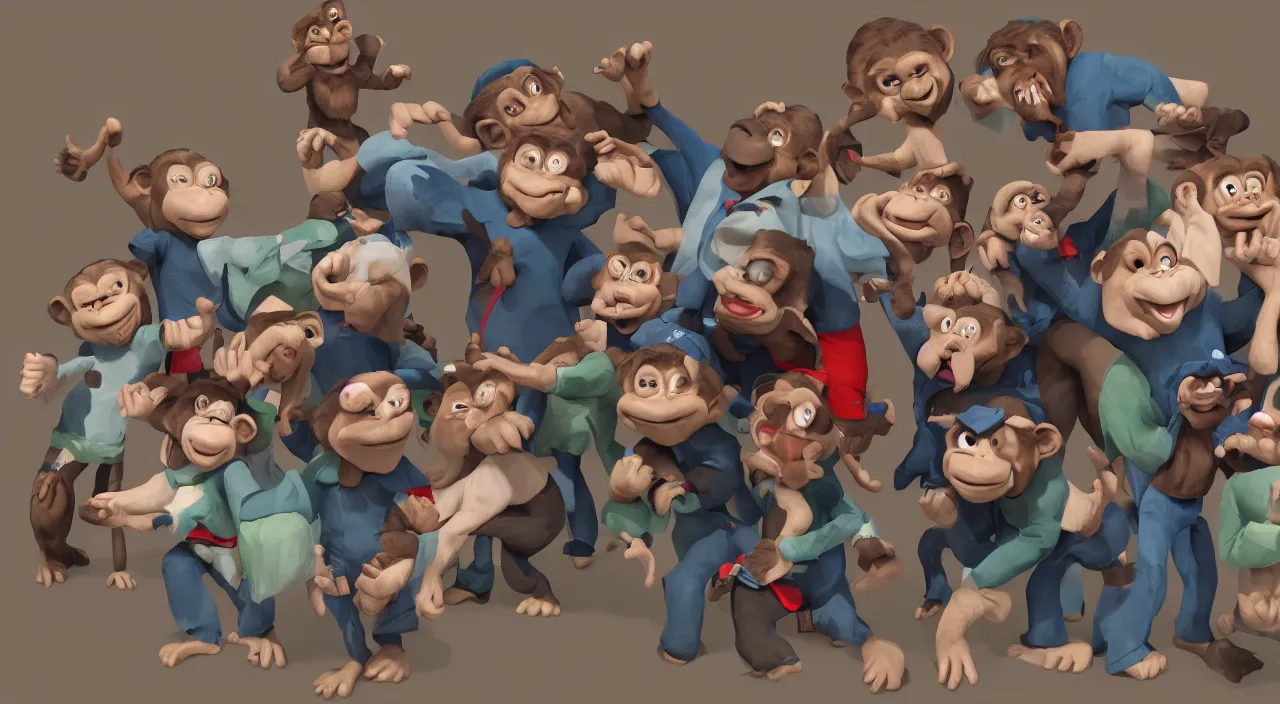 Image similar to a group of 3-d young hip ape kids wearing a street clothes, beautifully rendered, artstation, artgerm, cartoon look, joy, happy, mischievous, 8k, soft lighting, face enhance, sharp focus, concept art, smooth