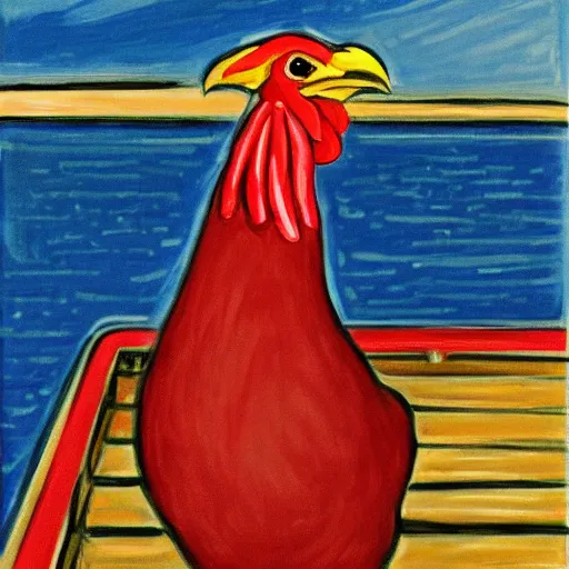 Image similar to digital art of a chicken on a raft, realistic, stylized, artstation, edward munch