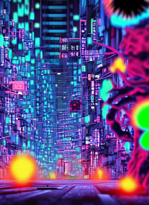 Image similar to giant colorful bright microbe and virus and dna and bacteriophage eat people in streets, neo - tokyo, realistic, 8 k, ultra detailed