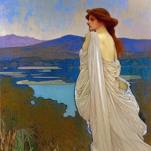 Image similar to tempera composed by alphonse mucha, by meredith marsone, by alexandre cabanel. the sculpture of two lakes in connecticut, with mountains in the distance.