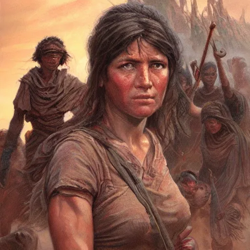 Image similar to woman among the horde, by James Gurney