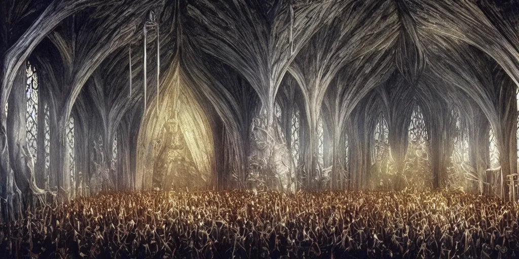 Prompt: The great hall of the mountain king. hyper realistic, lord of the rings