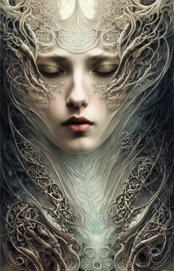 Prompt: divine chaos engine by karol bak and ruan jia and vincent van gogh, desaturated warm neutral colors, iris van herpen visionary dreamscape, symbolist, james jean spiraling clouds, imagination, daydreams and nightmares, otherworldly, ethereal, fractal lace, ornate gothic organic filigree