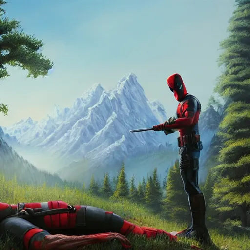 Image similar to a closeup photorealistic photograph of bob ross working on a canvas painting of deadpool. film still. brightly lit scene. mountains and trees. this 4 k hd image is trending on artstation, featured on behance, well - rendered, extra crisp, features intricate detail, epic composition and the style of unreal engine.