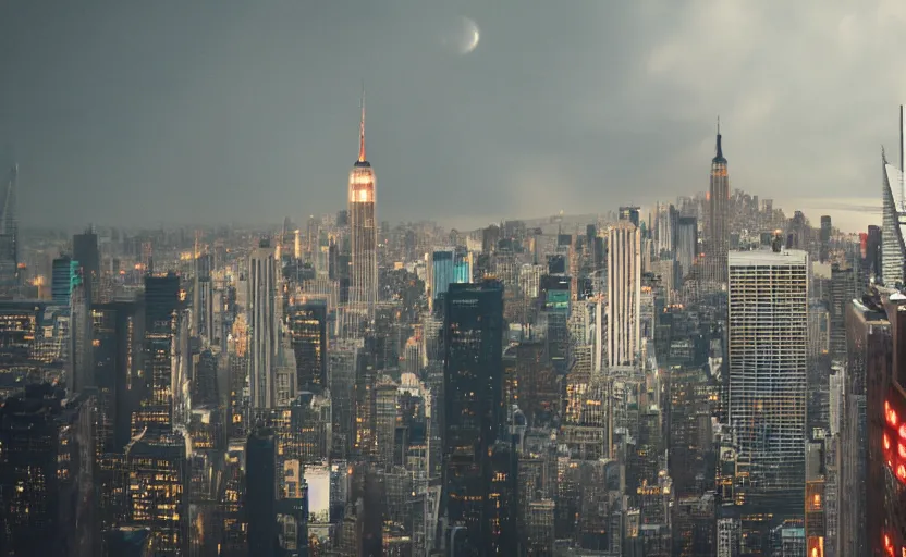 Image similar to a spaceship designed by peter schreyer flying over NYC in style of blade runner, 8K