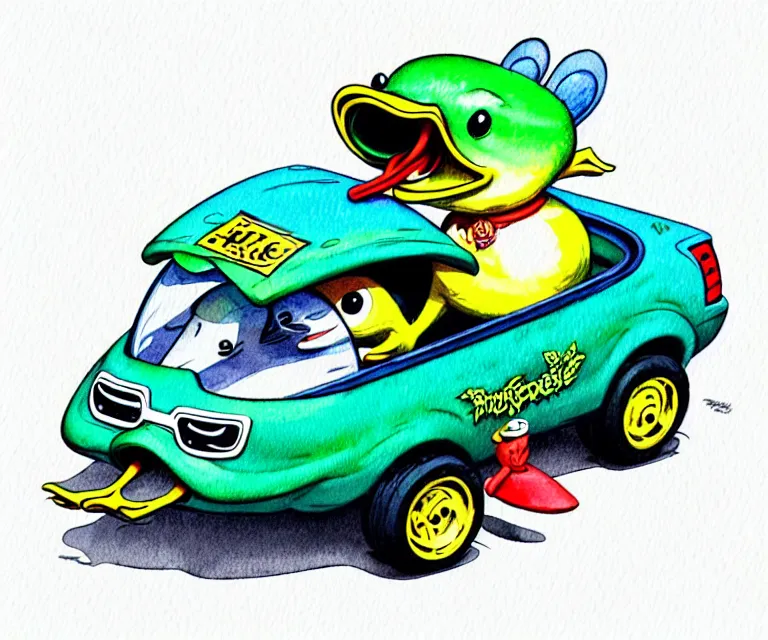 Image similar to cute and funny, duck riding in a tiny amphibious vehicle, ratfink style by ed roth, centered award winning watercolor pen illustration, isometric illustration by chihiro iwasaki, edited by craola, tiny details by artgerm and watercolor girl, symmetrically isometrically centered