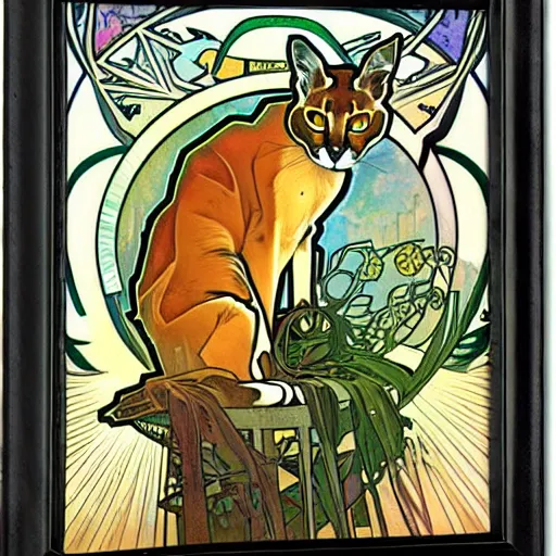 Image similar to A caracal cat by Alphonse Mucha and Julie Dillon