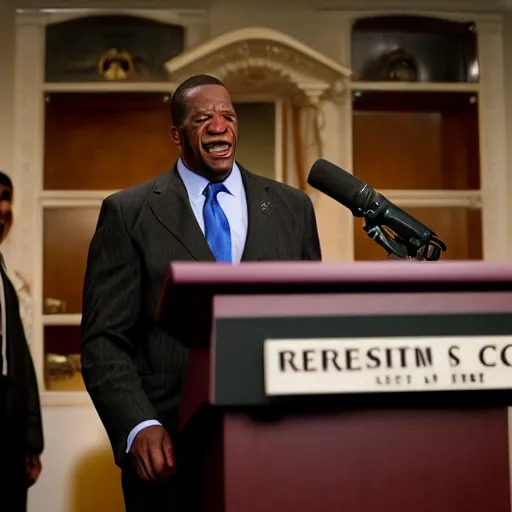 Prompt: president camacho from idiocracy standing at a podium at the whitehouse press room, portrait photography, 8 k, movie still