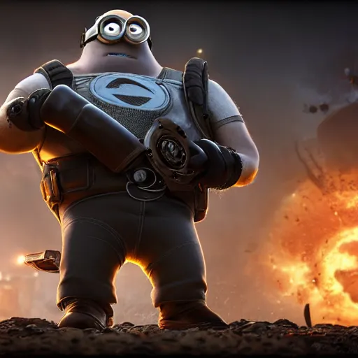 Image similar to Minion from ((Despicable Me)) in 'Gears of War', splash art, movie still, cinematic lighting, detailed face, dramatic, octane render, long lens, shallow depth of field, bokeh, anamorphic lens flare, 8k, hyper detailed, 35mm film grain