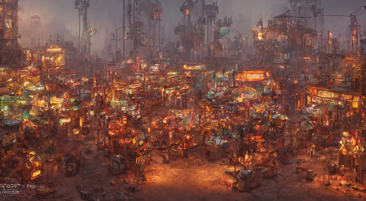 Image similar to a steampunk village in the desert, junk everywhere,neon lights, neon signs, magical atmosphere, mist, steam, photo realistic, 35mm, Matte painting, octane render, 8k, corona render, movie concept art by guido borelli da caluso