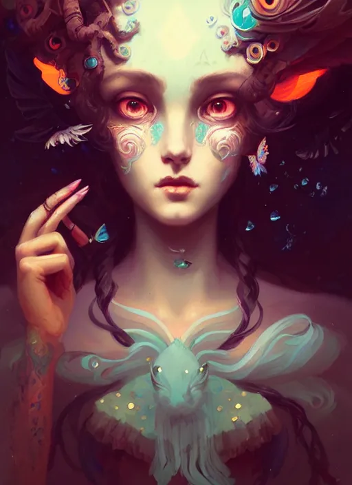 Image similar to close up picture of an maximalist dress girl, neat hair, extremely beautiful and aesthetic and detailed cute face and eyes, with cute familiar sprites, chiaroscuro, intricate, masterpiece, fantasy illustrations by peter mohrbacher and anato finnstark and jeremy lipking