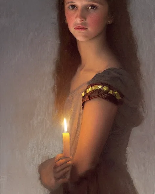 Prompt: a shadowy portrait painting of a shy, blushing 1 6 - year old alicia vikander or millie bobby brown as a princess lit only by candlelight in the darkness, intricate, elegant, highly detailed, artstation, concept art, by krenz cushart and donato giancola and william adolph bouguereau and alphonse mucha