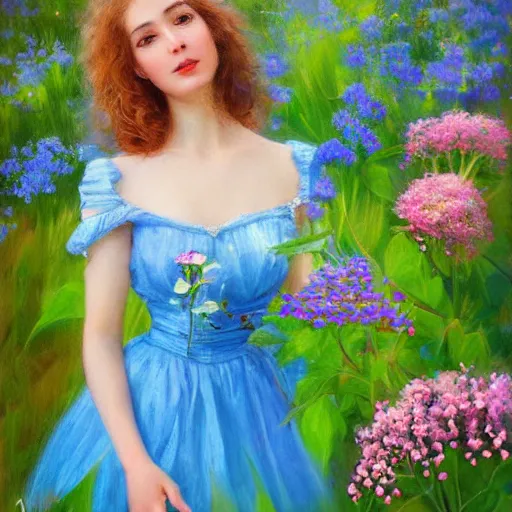 Image similar to a portrait of a romantic woman with flowers grow out of hair, roses peonies forget-me-nots dahlias lupins gladioli, sky theme in background, by Alexandr Averin, Digital Art, Trending on artstation