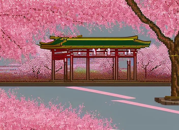 Image similar to pixel art of a bus stop in kyoto where cherry blossoms bloom a warm pink color.