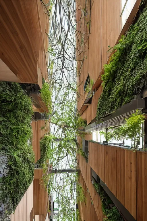 Image similar to urban atriums hyperdetailed hyperrealistic tree house, roots growing from bottom to ceiling, wooden modern decoration