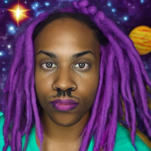 Image similar to black nonbinary person with purple dreads in space