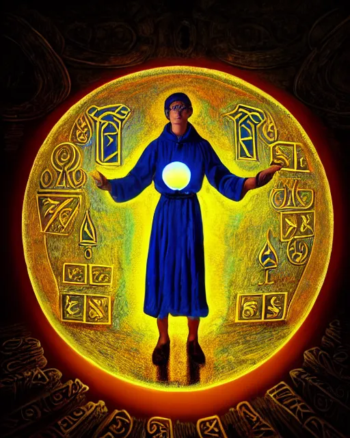 Image similar to enamel painting of mage reciting an incantation and standing on glowing circular runes in the middle of dark room, high production value, intricate details, high resolution, hyperrealistic, hdr, high definition, masterpiece, ultra realistic, highly detailed, hd, sharp focus, non blurry, sharp, smooth