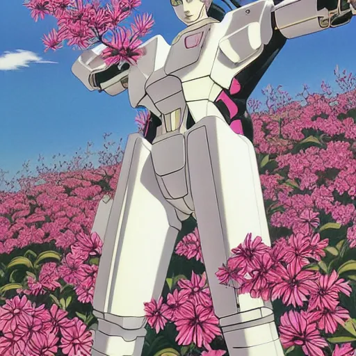 Prompt: a beautiful painting of a sleek humanoid mecha in a field of flowers by hiroshi nagai and hirohiko araki, detailed line art