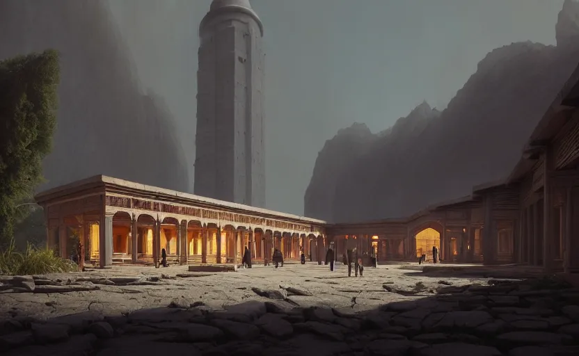 Prompt: exterior shot of utopian train station on in the middle of an ancient persian temple hill with cinematic lighting by peter zumthor and renzo piano, darek zabrocki and greg ruthkowski, simon stalenhag, cinematic, holy place, paradise, scifi, futurism, atmospheric, concept art, artstation, trending on artstation