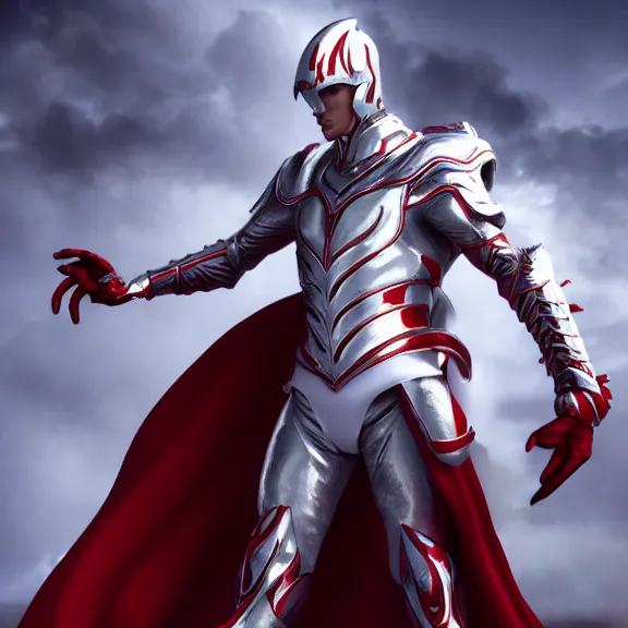 Image similar to cinematic full body shot of a male angel flying, white metallic armor, red cape, elegant pose, detailed arms, detailed white armor, two arms, two legs, detailed fanart, macro art, realistic digital art, DeviantArt, artstation, 3D realistic, 8k HD, octane render