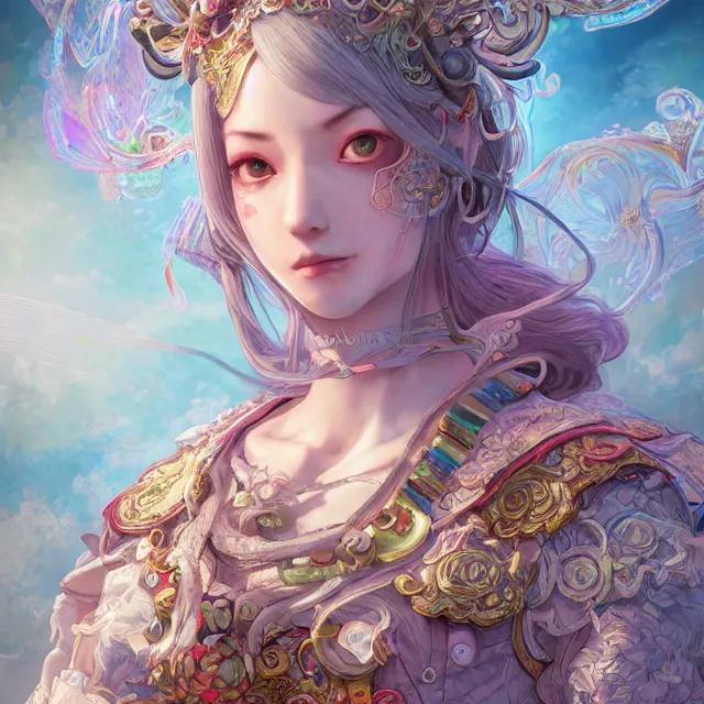 Prompt: studio portrait of neutral good rainbow colorful female cleric bard healer as absurdly beautiful, elegant, young skinny thickgravure idol, an ultrafine hyperdetailed illustration by kim jung gi, intricate linework, detailed faced, sharp focus, bright colors, octopath traveler, final fantasy, unreal engine 5 highly rendered, global illumination, radiant light, detailed and intricate environment