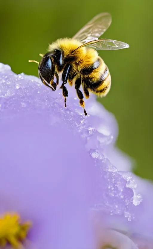 Image similar to a bee finding a beautiful flower, entrapped in ice, only snow in the background, beautiful macro photography, ambient light