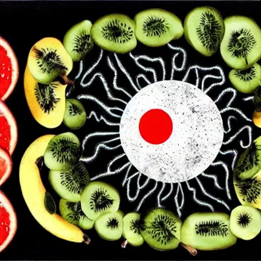 Image similar to nuclear bombing depicted as fruit art