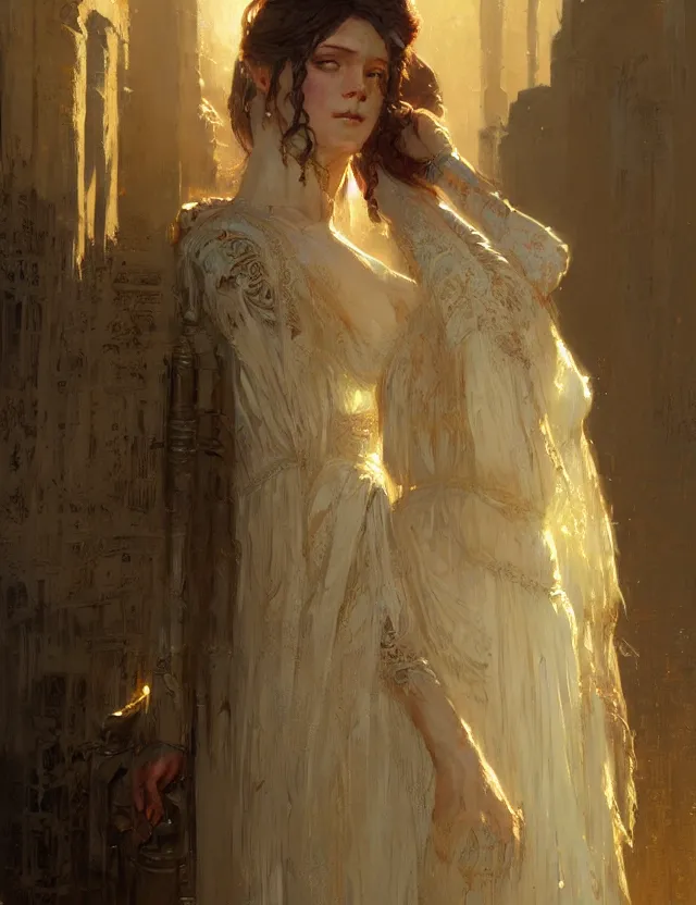 Image similar to portrait of a lady in a long dress, concept art, intricate details, very detailed works by greg rutkowski, gaston bussiere, craig mullins, simon beasley