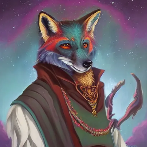 Image similar to a stylized realistic painting of an avatar of an awesome cosmic powerful luxurious foxfolk mage themed around death and the cosmos, in the style of dnd beyond avatar portraits, beautiful, artistic, elegant, lens flare, magical, lens flare, nature, realism, stylized, art by jeff easley and genndy tartakovsky and hayao miyazaki