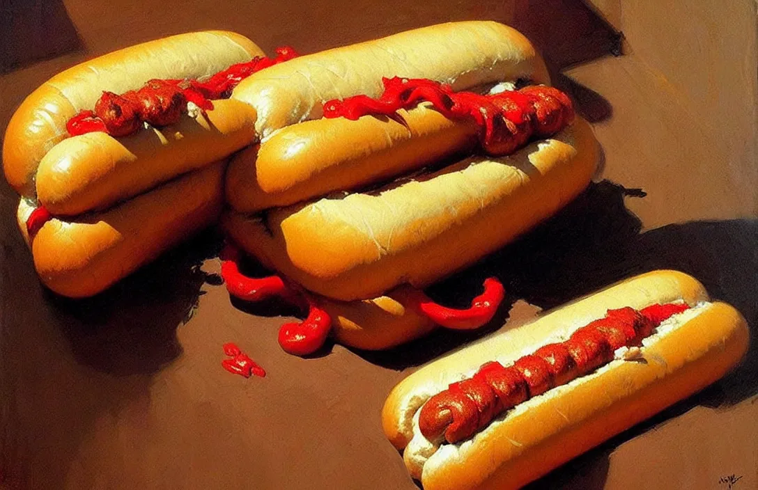 Image similar to portrait of a hot dog!!!!!!!!!!!!!!!!!!!!!!!!!!!, detailed face, detailed painting,, epic lighting, by ilya repin, phil hale and kent williams