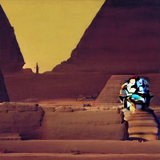 Prompt: the sphinx with the head of john cleese, young john cleese's head on the sphinx, painting by john martin