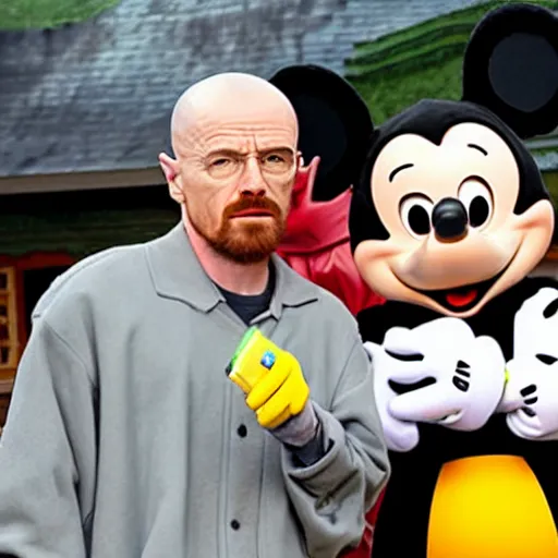 Image similar to walter white and jesse pinkman doing a selfie with mickey mouse, realistic